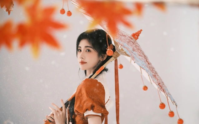鞠婧祎枫林撑伞古风写真图片壁纸