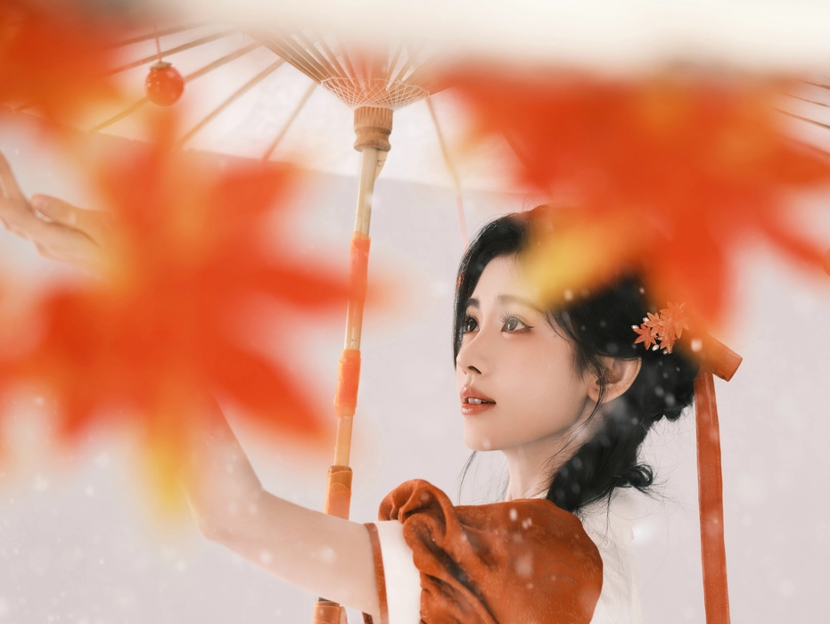 鞠婧祎枫林撑伞古风写真图片壁纸