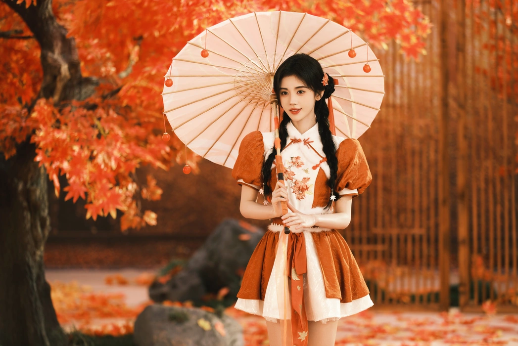 鞠婧祎枫林撑伞古风写真图片壁纸