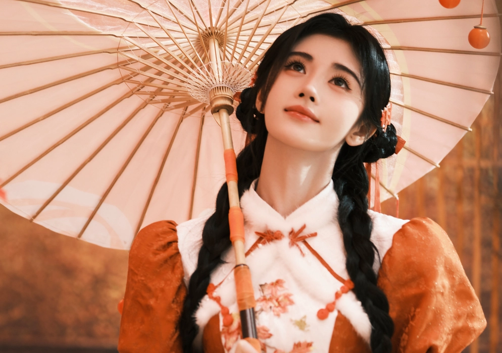 鞠婧祎枫林撑伞古风写真图片壁纸