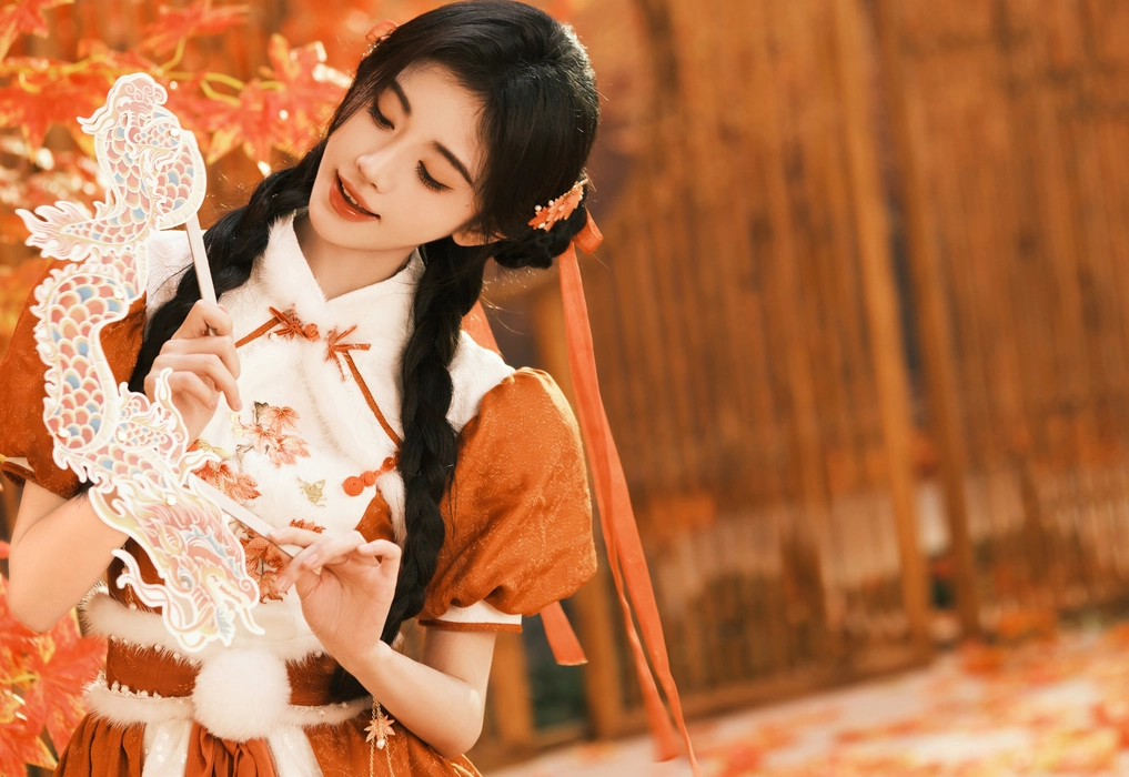 鞠婧祎枫林撑伞古风写真图片壁纸