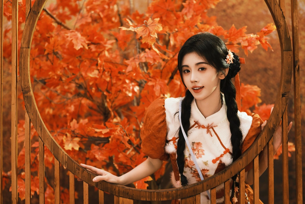 鞠婧祎枫林撑伞古风写真图片壁纸