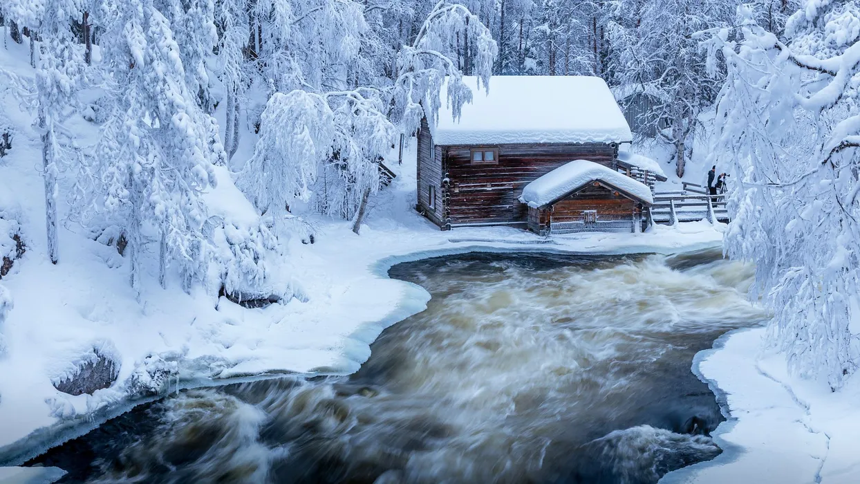 冬日里的雪屋松树静谧风景壁纸