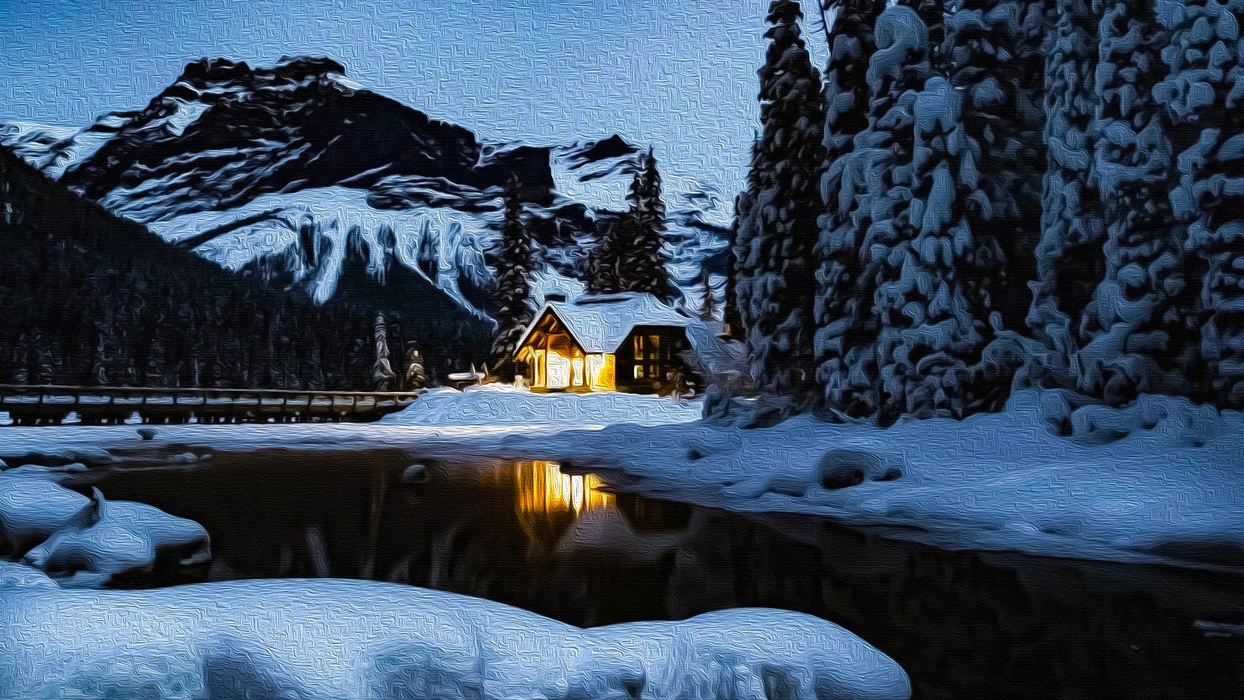 冬日里的雪屋松树静谧风景壁纸