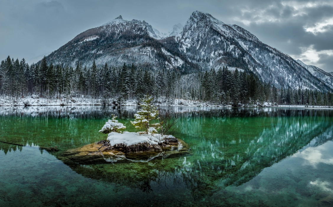 树木雪山湖泊倒影静谧风景壁纸